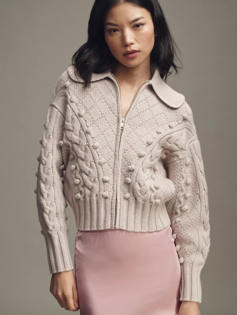 Lovaan Merino Wool Cable-Knit Zip-Front Sweater